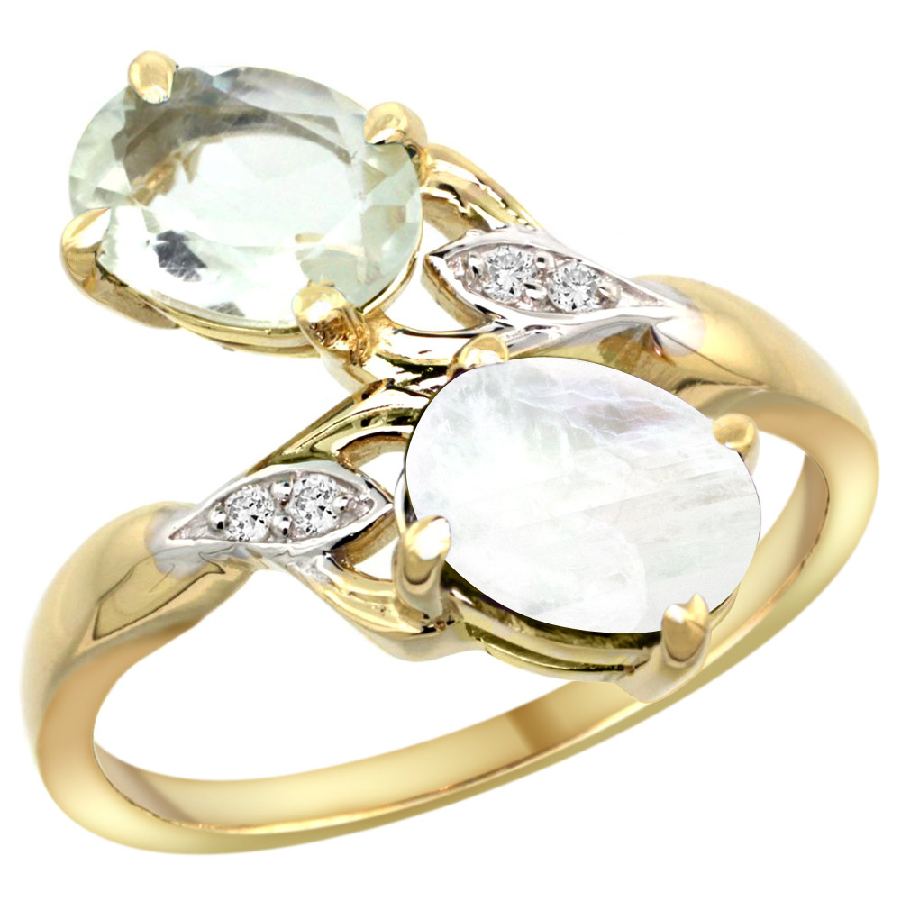14k Yellow Gold Diamond Natural Green Amethyst &amp; Rainbow Moonstone 2-stone Ring Oval 8x6mm, sizes 5 - 10