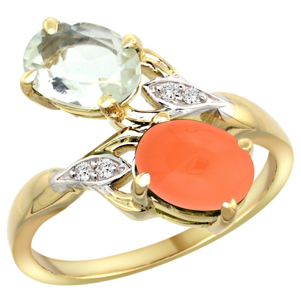 10K YELLOW GOLD DIAMOND NATURAL GREEN AMETHYST & ORANGE MOONSTONE 2-STONE RING OVAL 8X6MM, SIZES 5 - 10