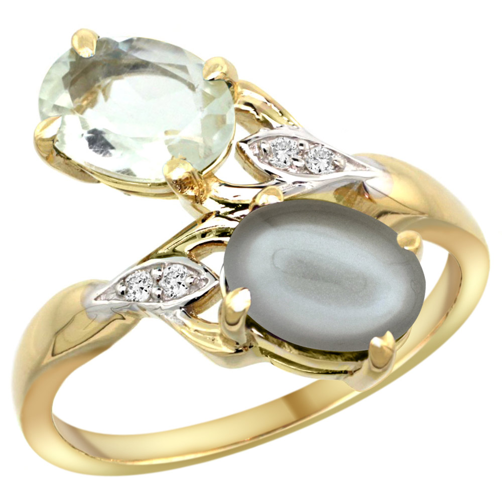 10K Yellow Gold Diamond Natural Green Amethyst & Gray Moonstone 2-stone Ring Oval 8x6mm, sizes 5 - 10