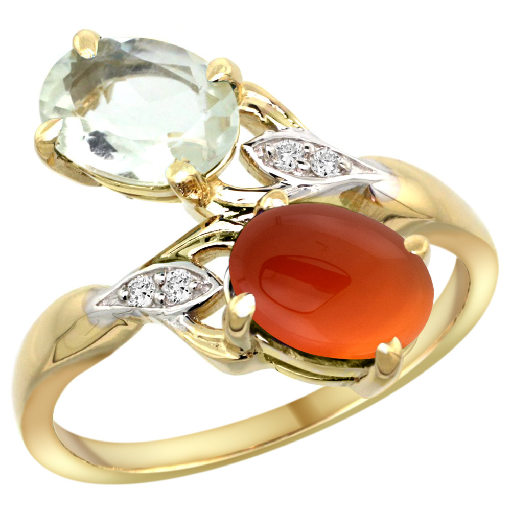 10K YELLOW GOLD DIAMOND NATURAL GREEN AMETHYST & BROWN AGATE 2-STONE RING OVAL 8X6MM, SIZES 5 - 10