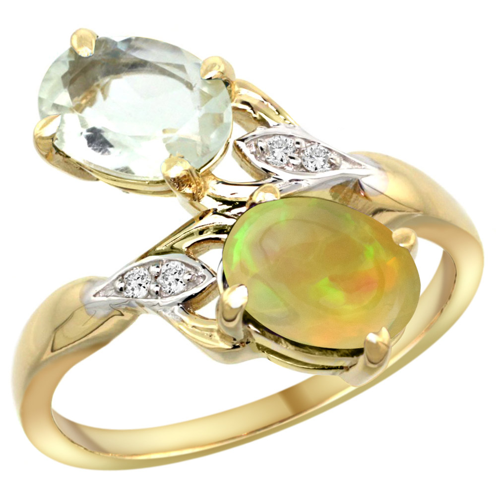14k Yellow Gold Diamond Natural Green Amethyst &amp; Ethiopian Opal 2-stone Mothers Ring Oval 8x6mm, size5-10