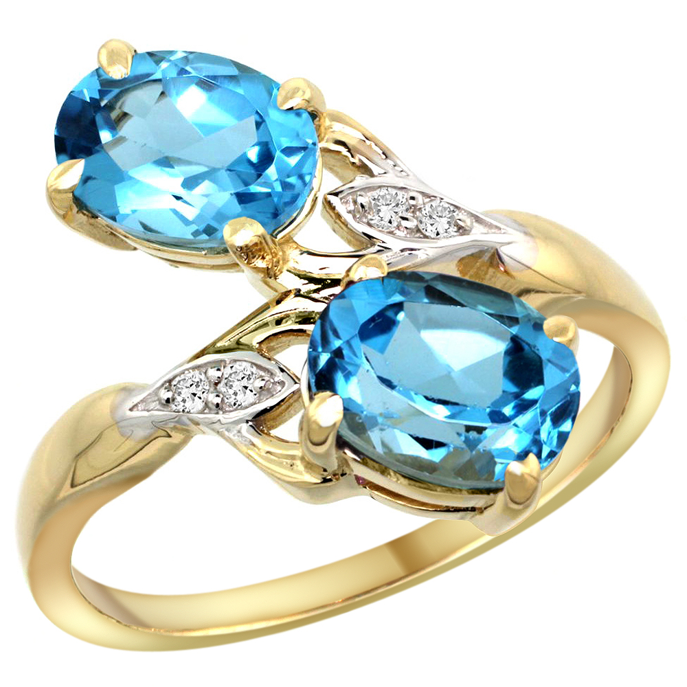 14K YELLOW GOLD DIAMOND NATURAL SWISS BLUE TOPAZ 2-STONE RING OVAL 8X6MM, SIZES 5 - 10
