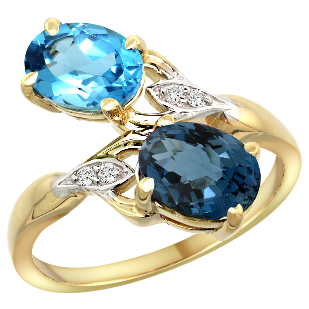 14k Yellow Gold Diamond Natural Swiss &amp; London Blue Topaz 2-stone Ring Oval 8x6mm, sizes 5 - 10