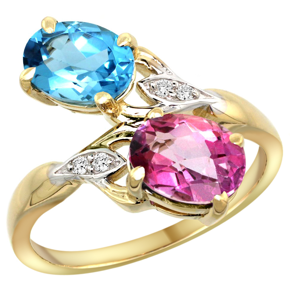 14K YELLOW GOLD DIAMOND NATURAL SWISS BLUE & PINK TOPAZ 2-STONE RING OVAL 8X6MM, SIZES 5 - 10