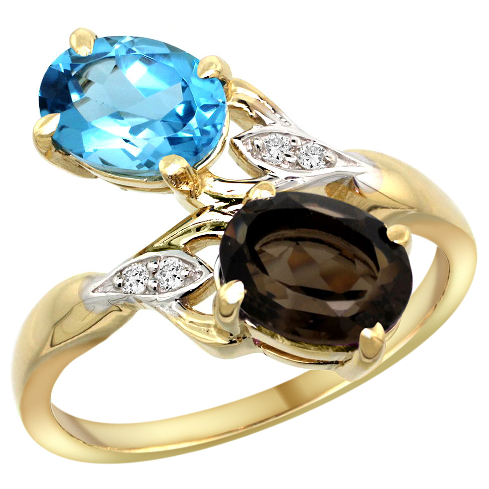 14K YELLOW GOLD DIAMOND NATURAL SWISS BLUE & SMOKY TOPAZ 2-STONE RING OVAL 8X6MM, SIZES 5 - 10