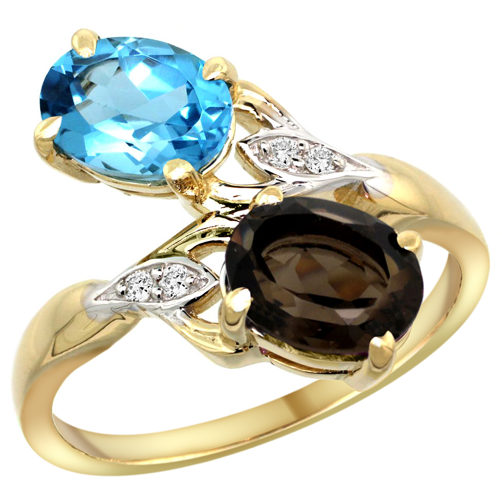 10K Yellow Gold Diamond Natural Swiss Blue & Smoky Topaz 2-stone Ring Oval 8x6mm, sizes 5 - 10