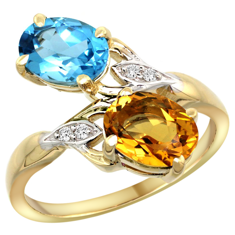 14K YELLOW GOLD DIAMOND NATURAL SWISS BLUE TOPAZ & CITRINE 2-STONE RING OVAL 8X6MM, SIZES 5 - 10