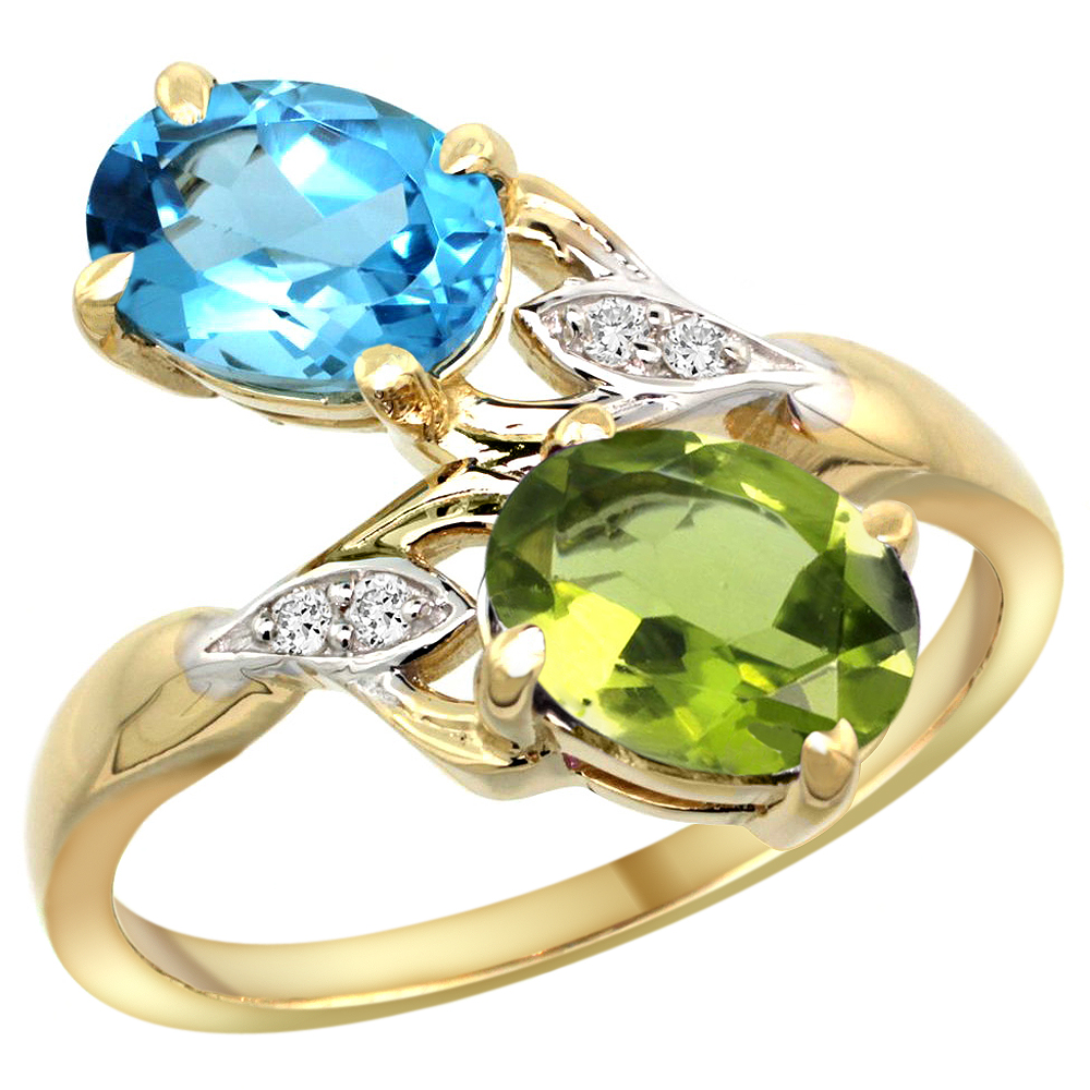 14K YELLOW GOLD DIAMOND NATURAL SWISS BLUE TOPAZ & PERIDOT 2-STONE RING OVAL 8X6MM, SIZES 5 - 10