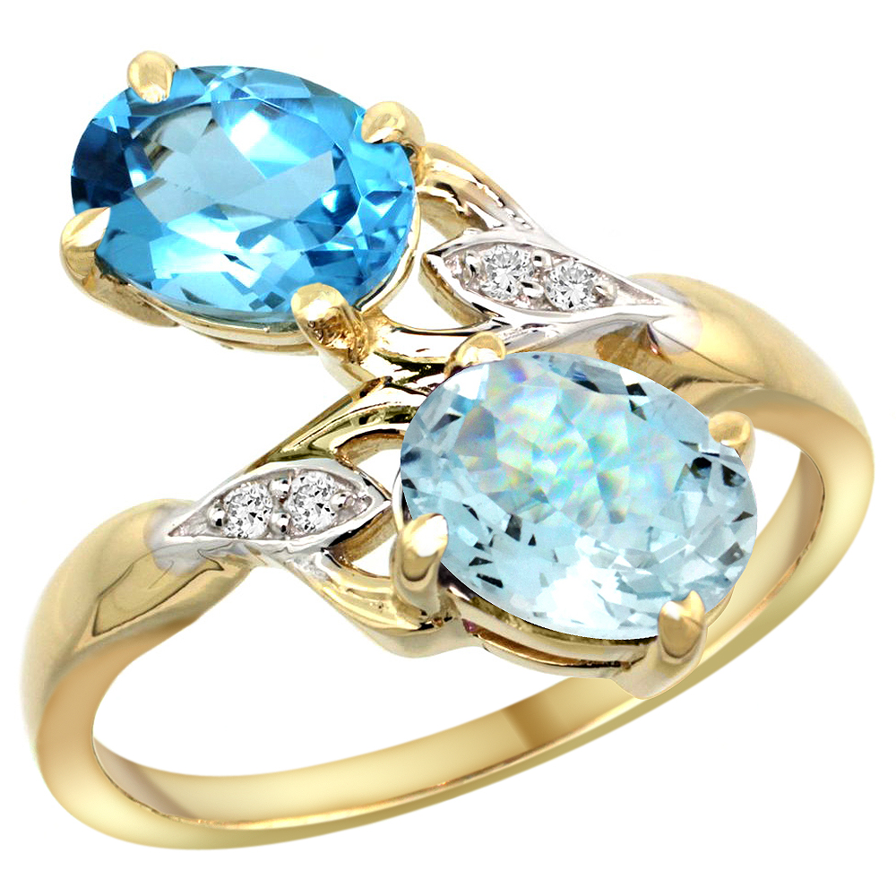 14k Yellow Gold Diamond Natural Swiss Blue Topaz & Aquamarine 2-stone Ring Oval 8x6mm, sizes 5 - 10