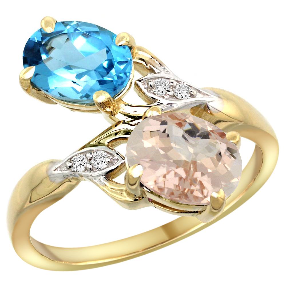 10K YELLOW GOLD DIAMOND NATURAL SWISS BLUE TOPAZ & MORGANITE 2-STONE RING OVAL 8X6MM, SIZES 5 - 10