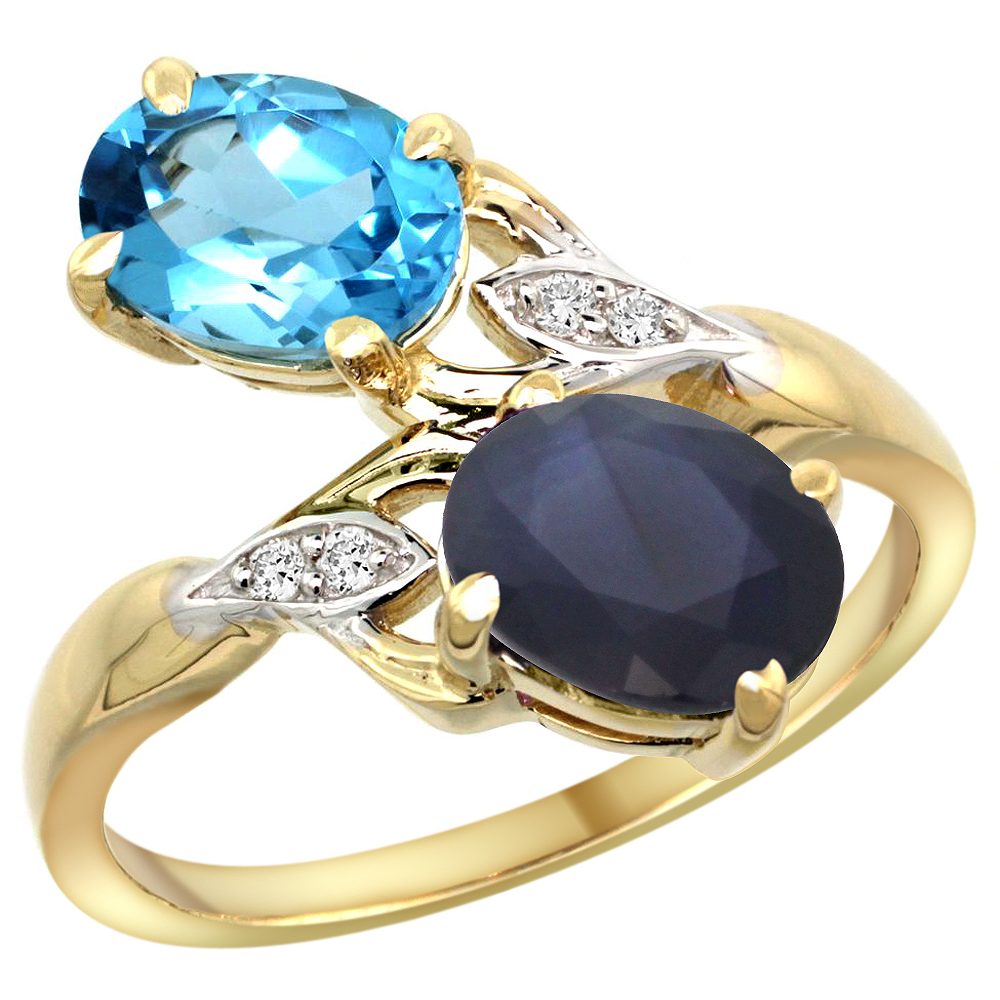10K YELLOW GOLD DIAMOND NATURAL SWISS BLUE TOPAZ & BLUE SAPPHIRE 2-STONE RING OVAL 8X6MM, SIZES 5 - 10
