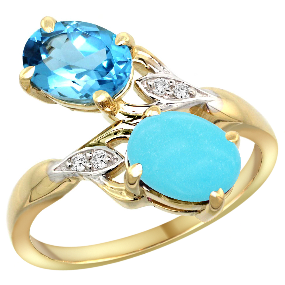 10K YELLOW GOLD DIAMOND NATURAL SWISS BLUE TOPAZ & TURQUOISE 2-STONE RING OVAL 8X6MM, SIZES 5 - 10