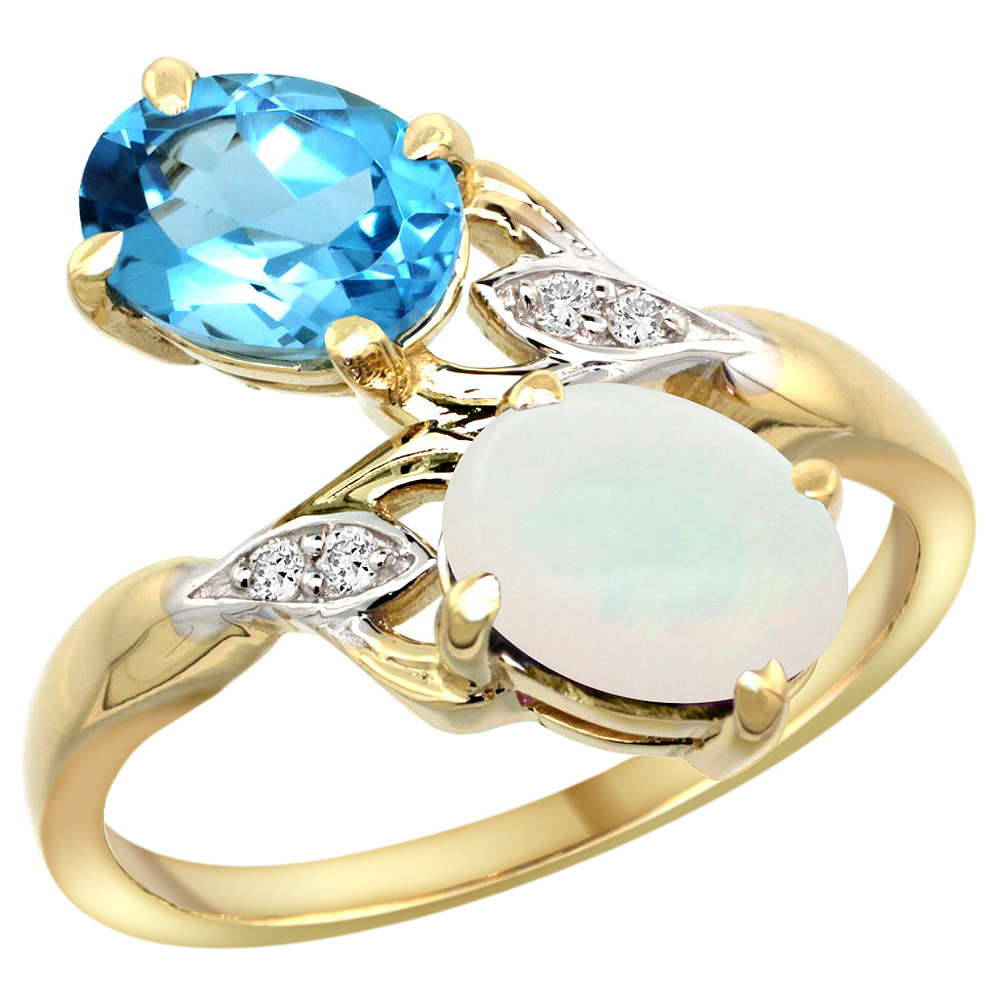 14k Yellow Gold Diamond Natural Swiss Blue Topaz & Opal 2-stone Ring Oval 8x6mm, sizes 5 - 10