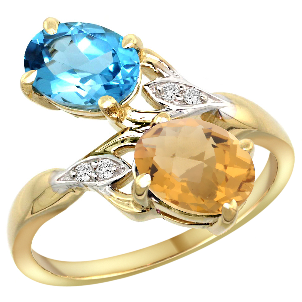 14k Yellow Gold Diamond Natural Swiss Blue Topaz &amp; Whisky Quartz 2-stone Ring Oval 8x6mm, sizes 5 - 10