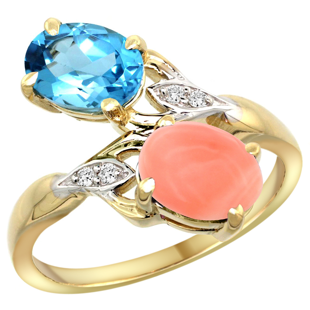 14k Yellow Gold Diamond Natural Swiss Blue Topaz &amp; Coral 2-stone Ring Oval 8x6mm, sizes 5 - 10