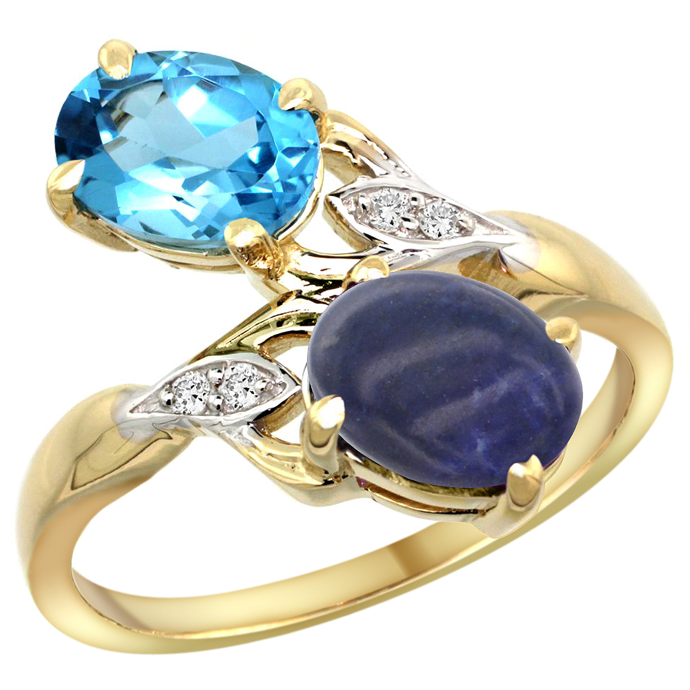 10K YELLOW GOLD DIAMOND NATURAL SWISS BLUE TOPAZ & LAPIS 2-STONE RING OVAL 8X6MM, SIZES 5 - 10