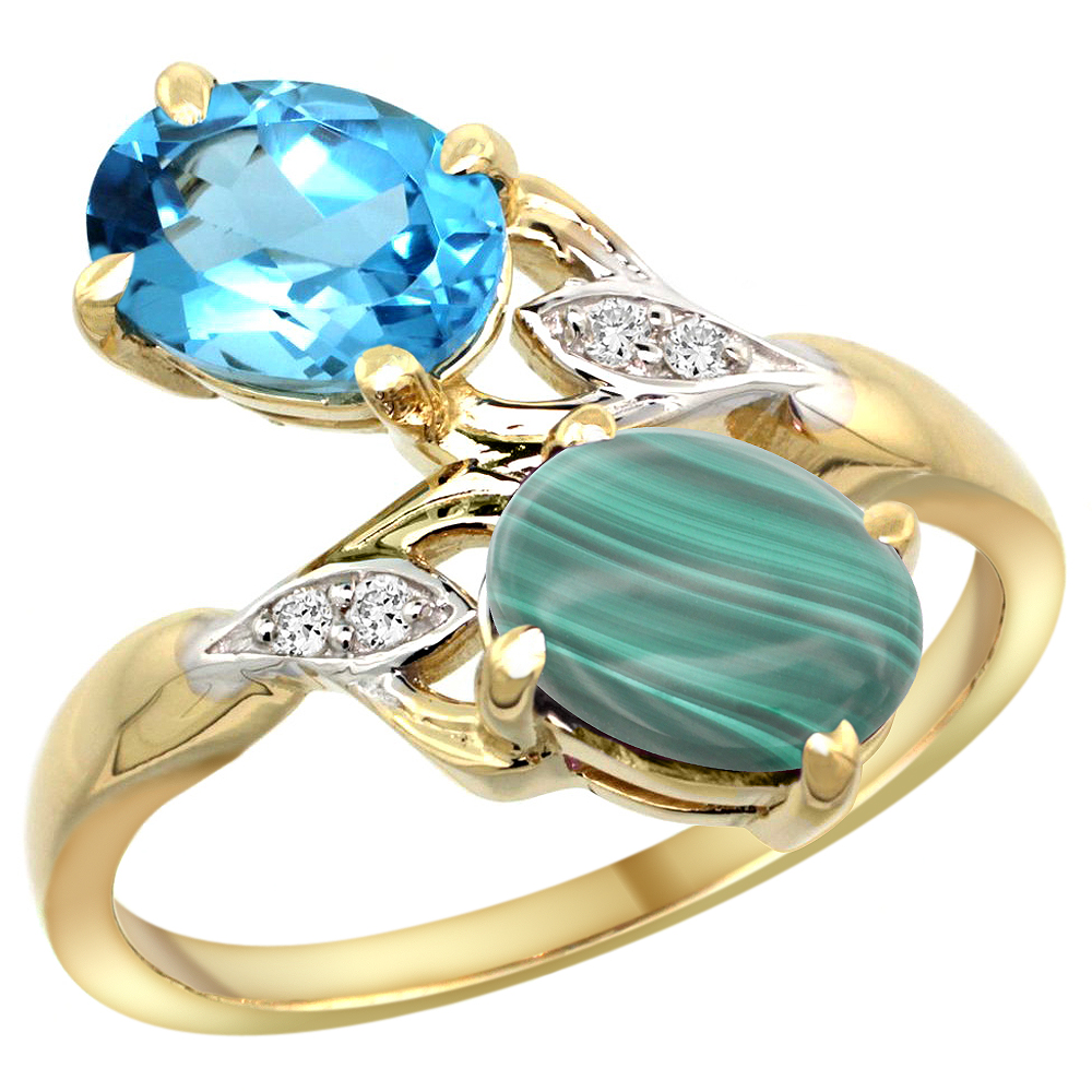 10K YELLOW GOLD DIAMOND NATURAL SWISS BLUE TOPAZ & MALACHITE 2-STONE RING OVAL 8X6MM, SIZES 5 - 10
