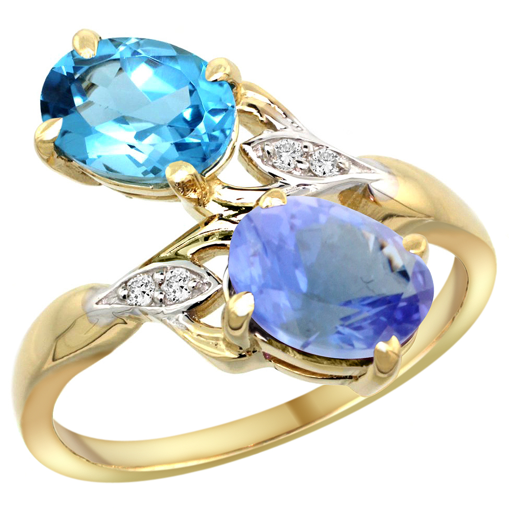 14k Yellow Gold Diamond Natural Swiss Blue Topaz & Tanzanite 2-stone Ring Oval 8x6mm, sizes 5 - 10