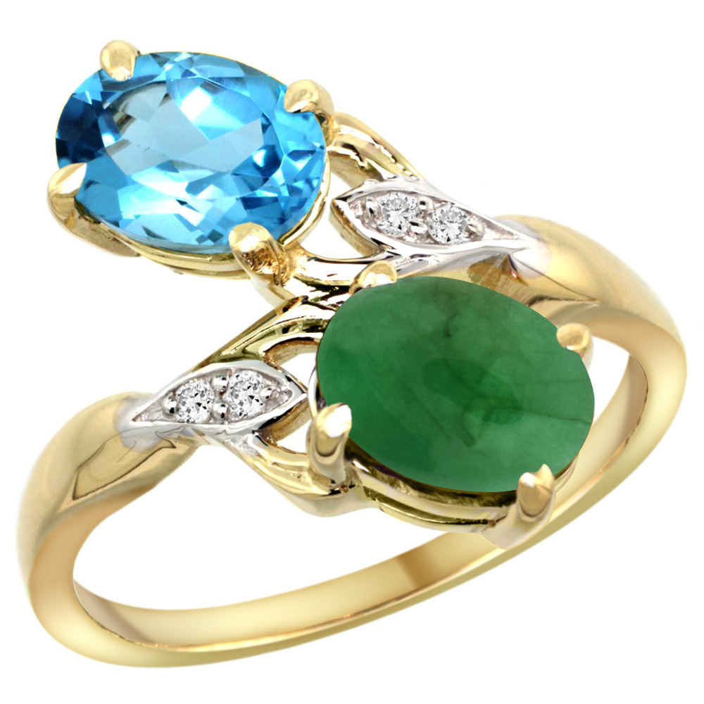 10K YELLOW GOLD DIAMOND NATURAL SWISS BLUE TOPAZ & CABOCHON EMERALD 2-STONE RING OVAL 8X6MM, SIZES 5 - 10