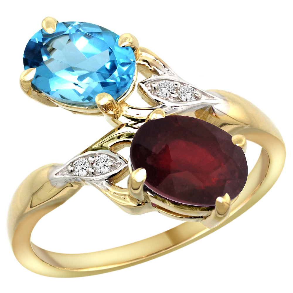 10K YELLOW GOLD DIAMOND NATURAL SWISS BLUE TOPAZ RUBY 2-STONE MOTHERS RING OVAL 8X6MM SIZE 5-10