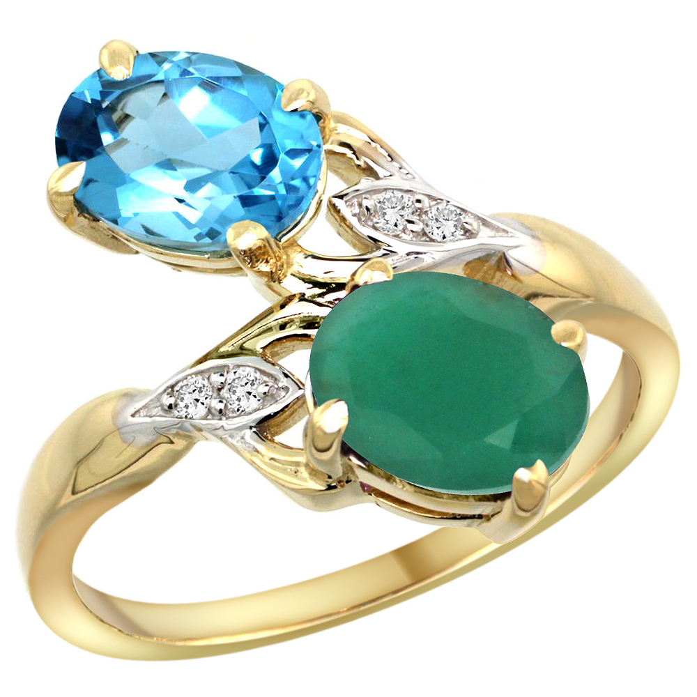 10K YELLOW GOLD DIAMOND NATURAL SWISS BLUE TOPAZ EMERALD 2-STONE MOTHERS RING OVAL 8X6MM SIZE 5 - 10