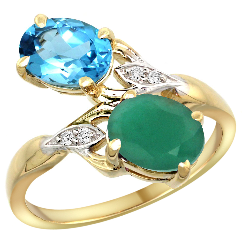 10K Yellow Gold Diamond Natural Swiss Blue Topaz&amp;Quality Emerald 2-stone Mothers Ring Oval 8x6mm,sz5 - 10
