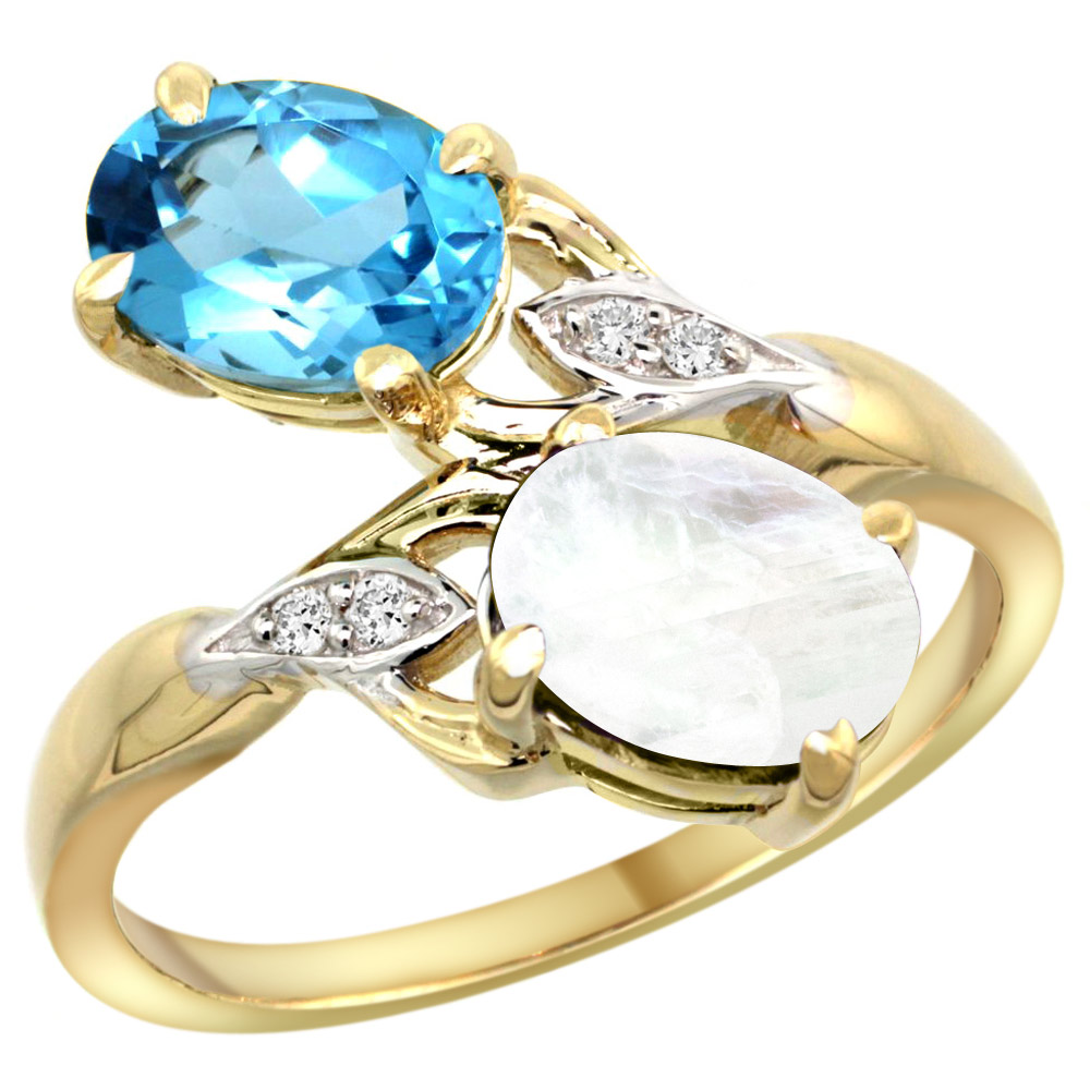 10K YELLOW GOLD DIAMOND NATURAL SWISS BLUE TOPAZ & RAINBOW MOONSTONE 2-STONE RING OVAL 8X6MM, SIZES 5 - 10