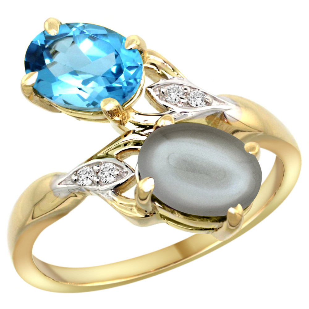 10K YELLOW GOLD DIAMOND NATURAL SWISS BLUE TOPAZ & GRAY MOONSTONE 2-STONE RING OVAL 8X6MM, SIZES 5 - 10