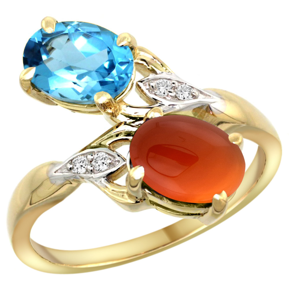10K YELLOW GOLD DIAMOND NATURAL SWISS BLUE TOPAZ & BROWN AGATE 2-STONE RING OVAL 8X6MM, SIZES 5 - 10