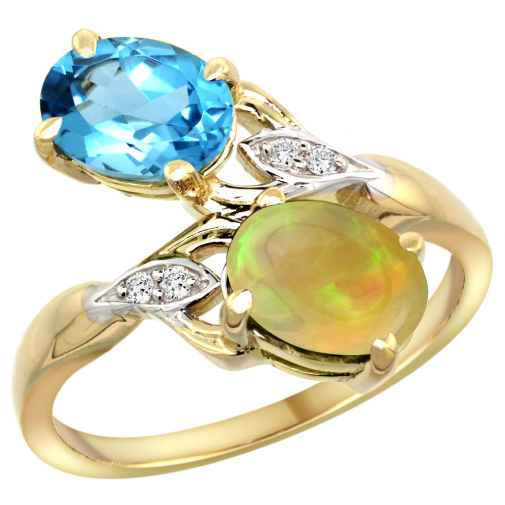 10K Yellow Gold Diamond Natural Swiss Blue Topaz & Ethiopian Opal 2-stone Mothers Ring Oval 8x6mm,sz 5-10