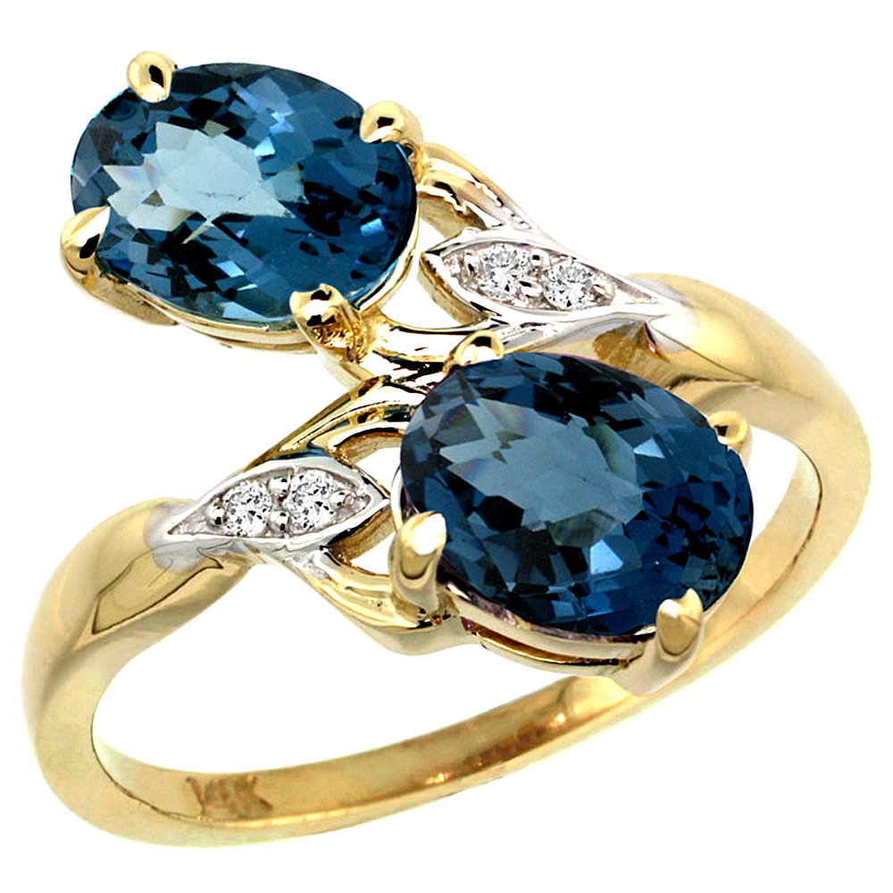 14K YELLOW GOLD DIAMOND NATURAL LONDON BLUE TOPAZ 2-STONE RING OVAL 8X6MM, SIZES 5 - 10