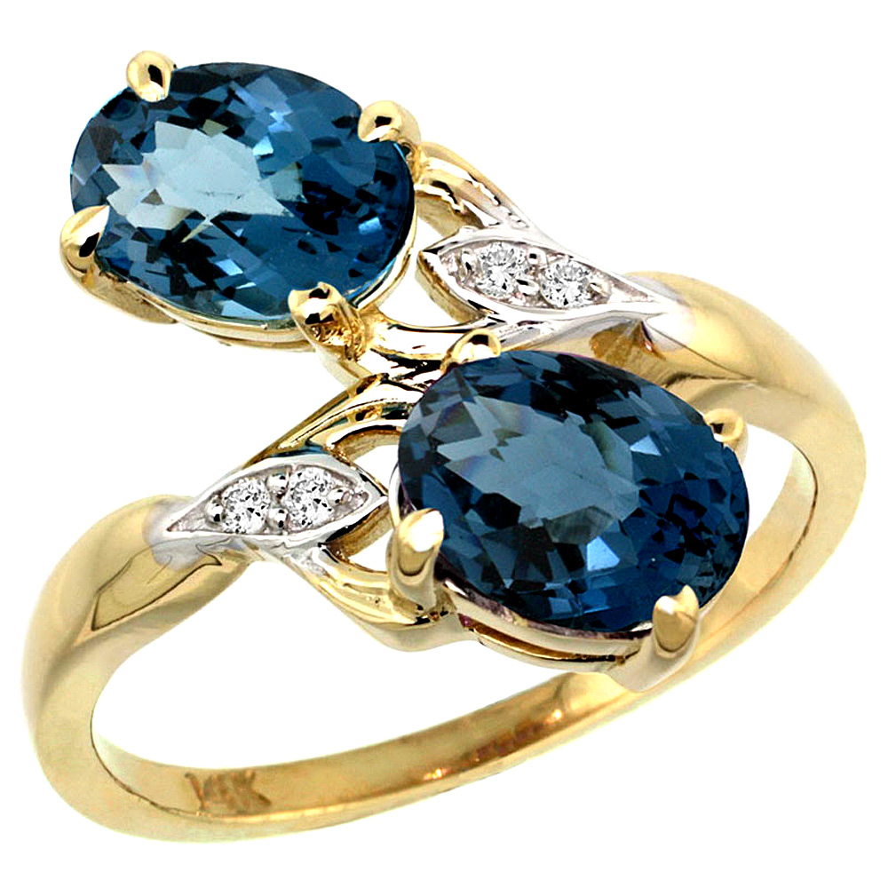 10K Yellow Gold Diamond Natural London Blue Topaz 2-stone Ring Oval 8x6mm, sizes 5 - 10
