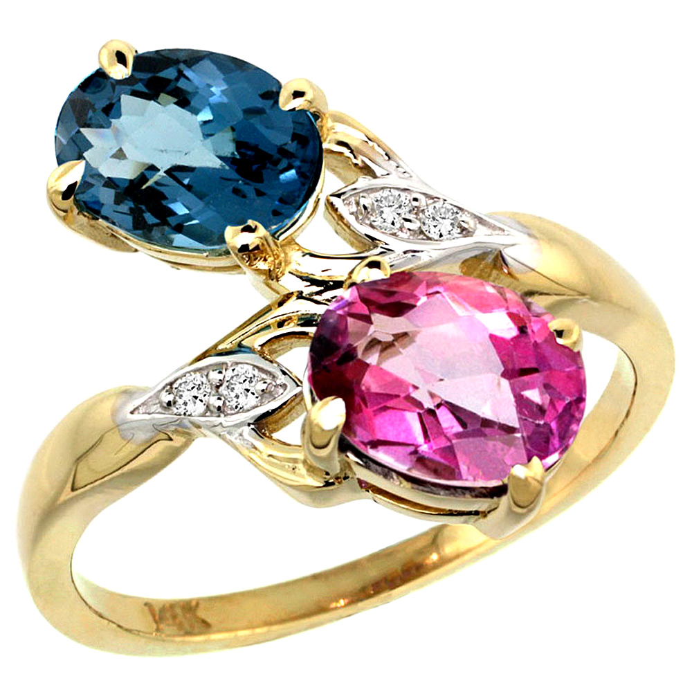 14K YELLOW GOLD DIAMOND NATURAL LONDON BLUE & PINK TOPAZ 2-STONE RING OVAL 8X6MM, SIZES 5 - 10