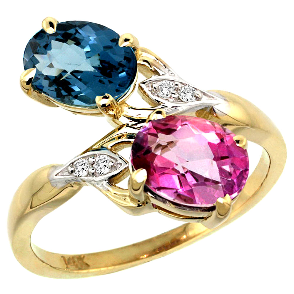 10K Yellow Gold Diamond Natural London Blue &amp; Pink Topaz 2-stone Ring Oval 8x6mm, sizes 5 - 10