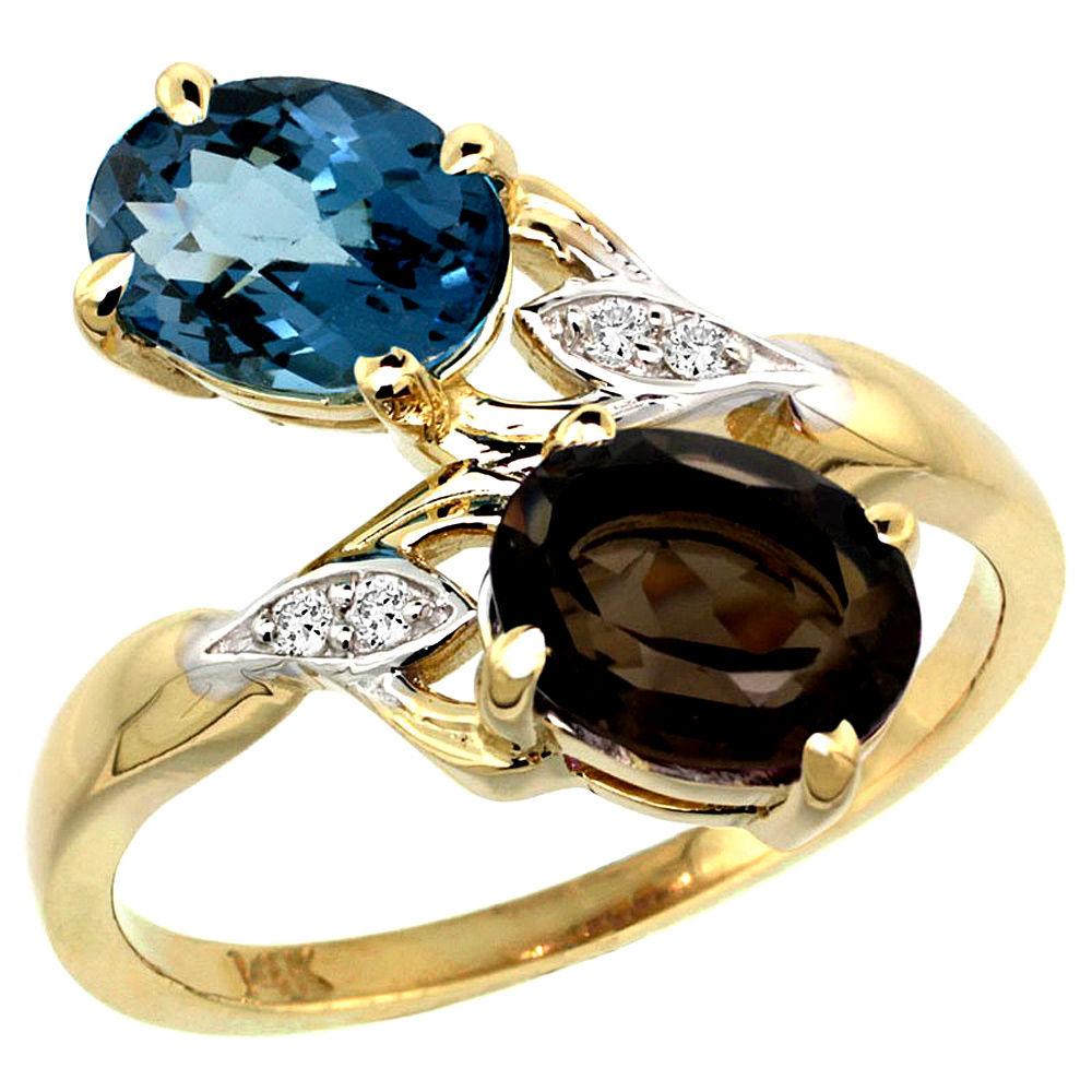 10K Yellow Gold Diamond Natural London Blue &amp; Smoky Topaz 2-stone Ring Oval 8x6mm, sizes 5 - 10
