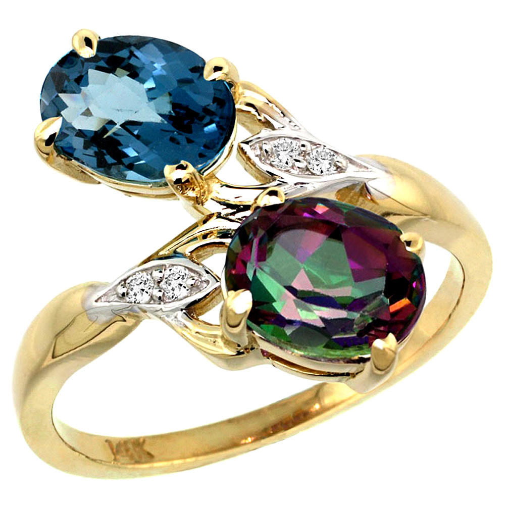 14K YELLOW GOLD DIAMOND NATURAL LONDON BLUE & MYSTIC TOPAZ 2-STONE RING OVAL 8X6MM, SIZES 5 - 10