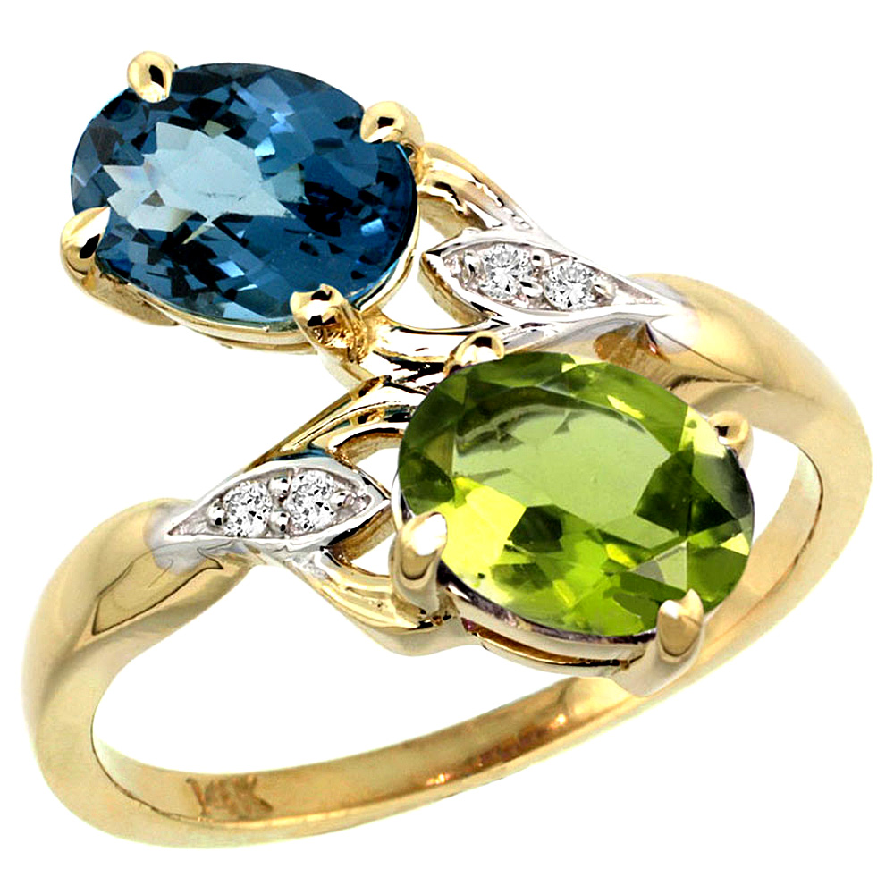 14K YELLOW GOLD DIAMOND NATURAL LONDON BLUE TOPAZ & PERIDOT 2-STONE RING OVAL 8X6MM, SIZES 5 - 10