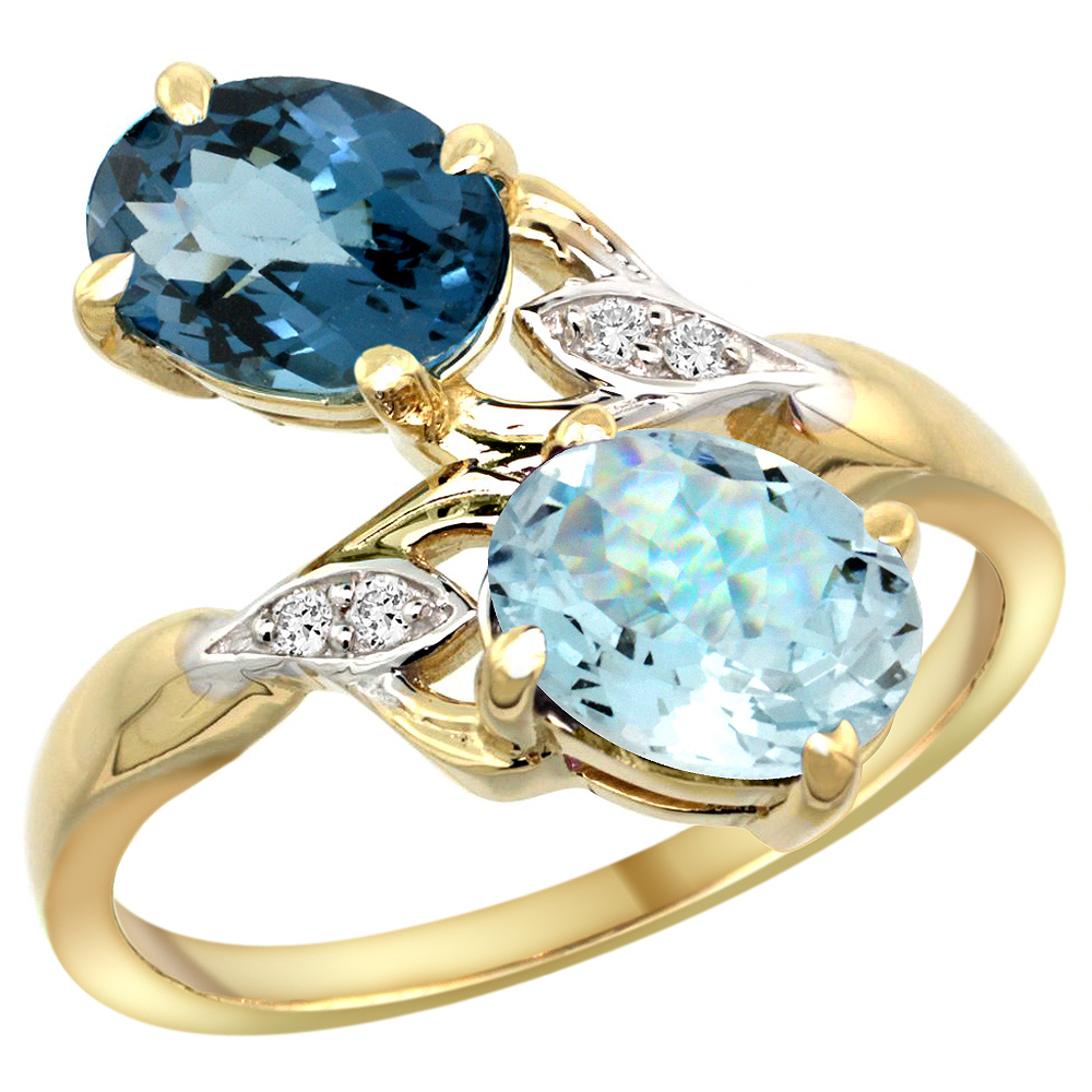 14k Yellow Gold Diamond Natural London Blue Topaz &amp; Aquamarine 2-stone Ring Oval 8x6mm, sizes 5 - 10