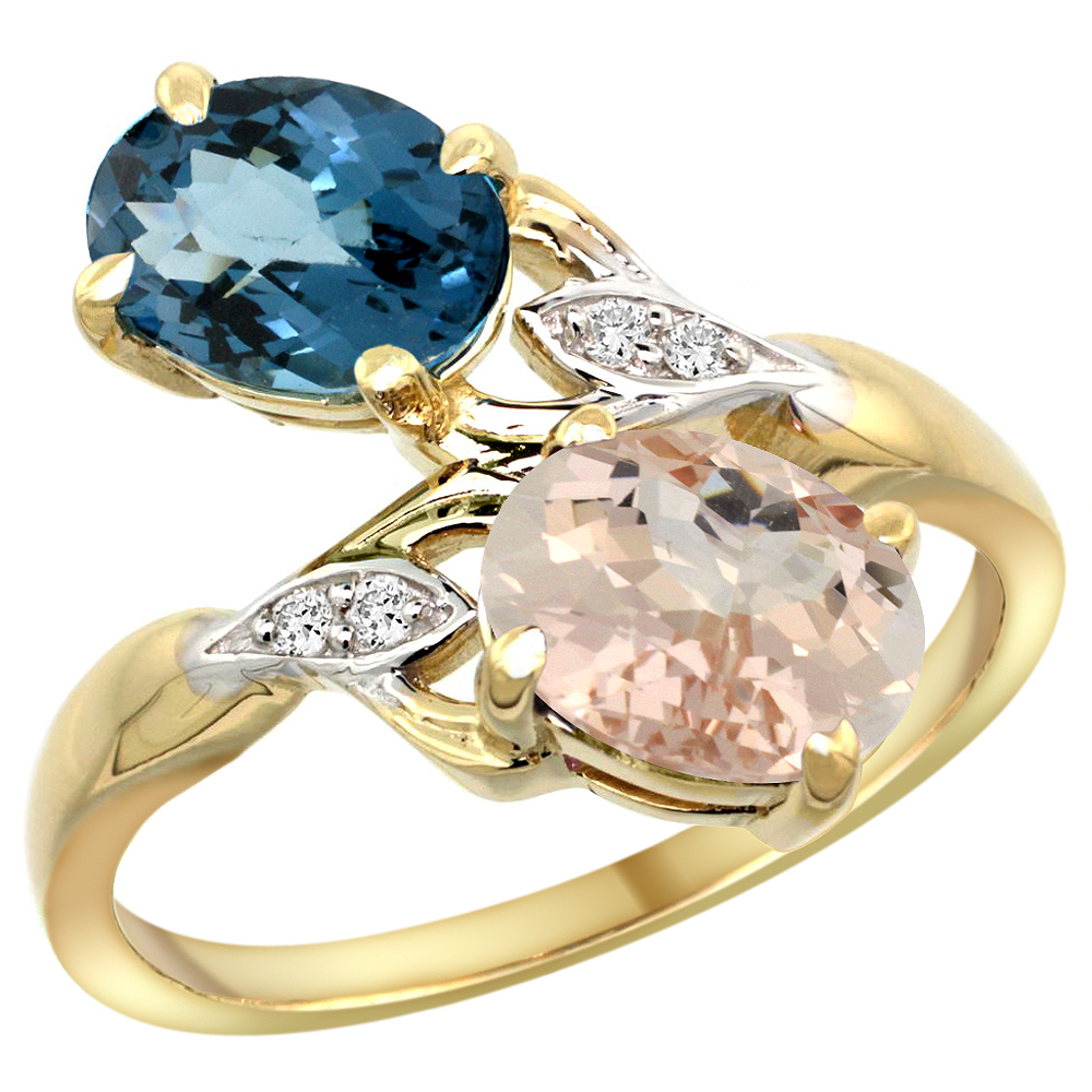 14k Yellow Gold Diamond Natural London Blue Topaz &amp; Morganite 2-stone Ring Oval 8x6mm, sizes 5 - 10