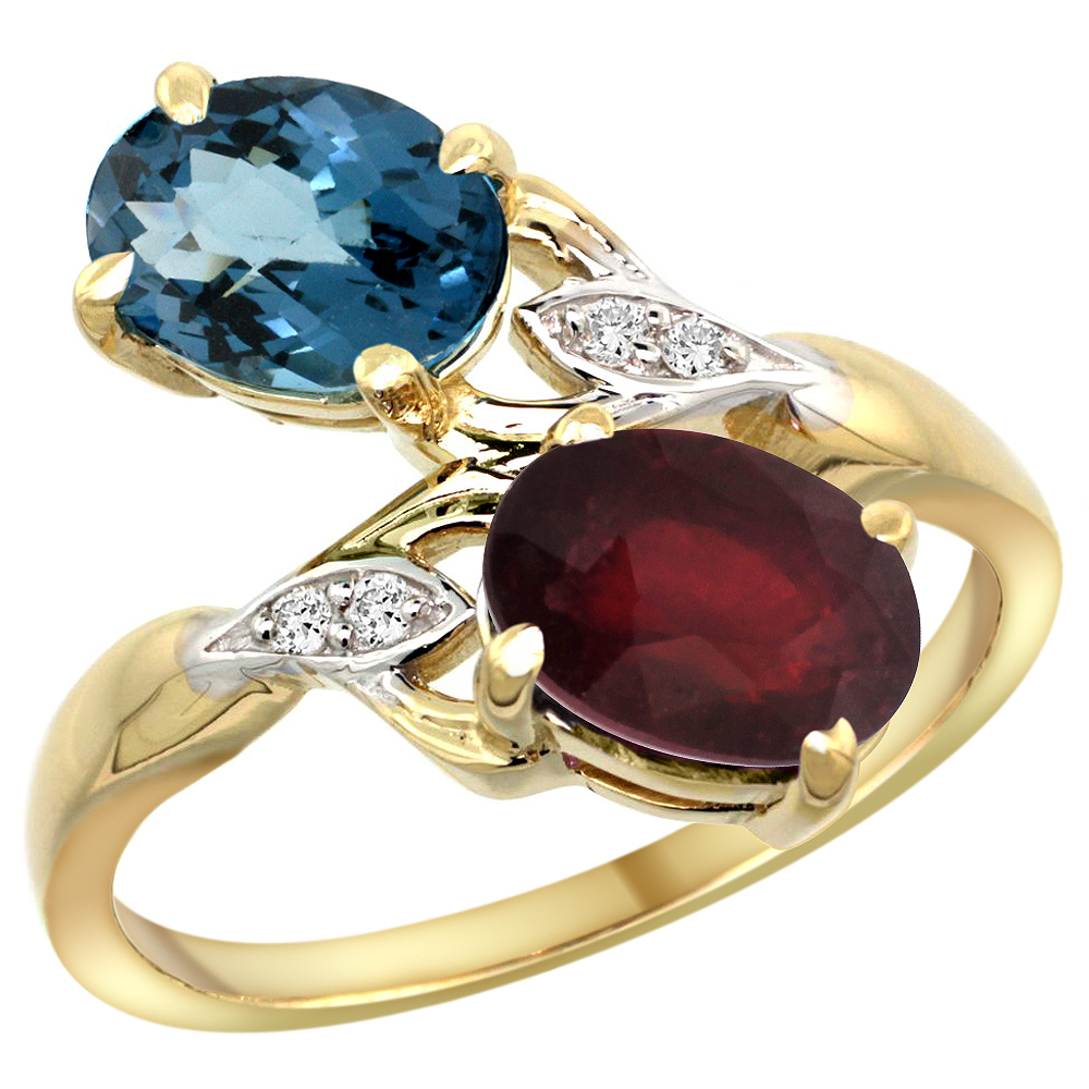 14k Yellow Gold Diamond Natural London Blue Topaz &amp; Enhanced Genuine Ruby 2-stone Ring Oval 8x6mm, sizes 5 - 10