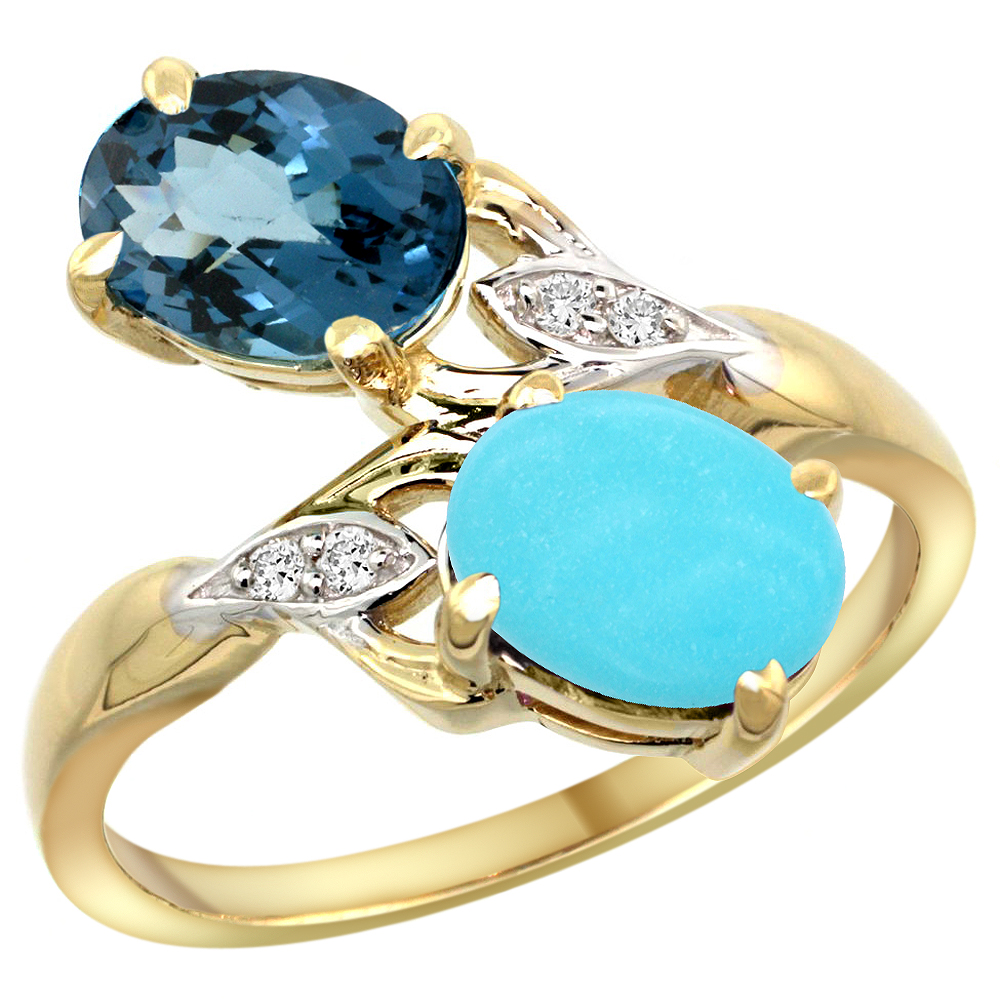 10K YELLOW GOLD DIAMOND NATURAL LONDON BLUE TOPAZ & TURQUOISE 2-STONE RING OVAL 8X6MM, SIZES 5 - 10