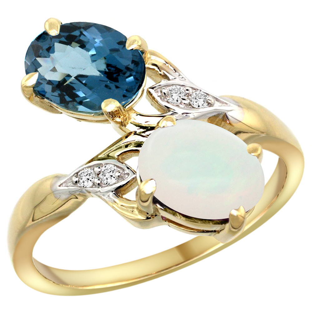 10K Yellow Gold Diamond Natural London Blue Topaz &amp; Opal 2-stone Ring Oval 8x6mm, sizes 5 - 10