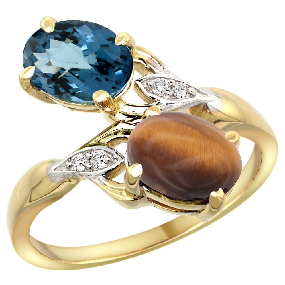 14k Yellow Gold Diamond Natural London Blue Topaz & Tiger Eye 2-stone Ring Oval 8x6mm, sizes 5 - 10