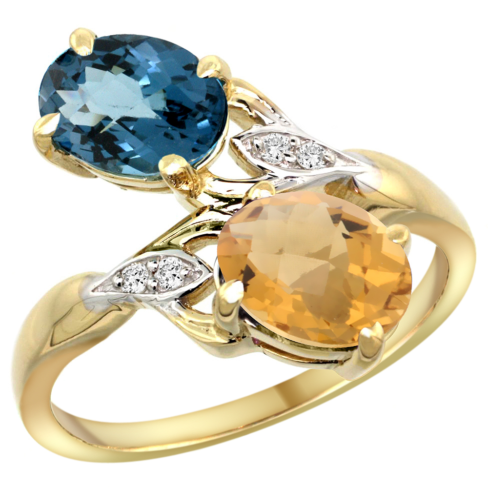 14k Yellow Gold Diamond Natural London Blue Topaz &amp; Whisky Quartz 2-stone Ring Oval 8x6mm, sizes 5 - 10