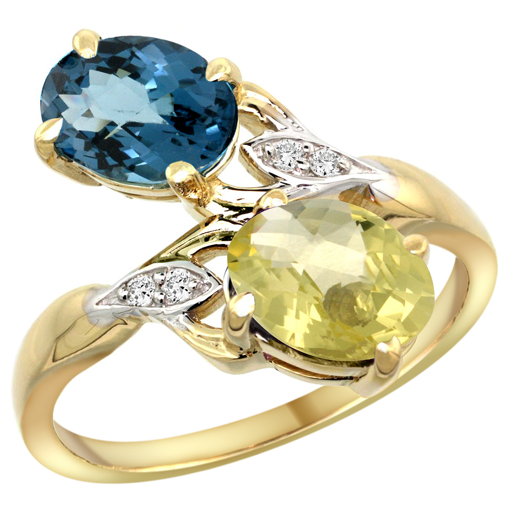 10K Yellow Gold Diamond Natural London Blue Topaz & Lemon Quartz 2-stone Ring Oval 8x6mm, sizes 5 - 10