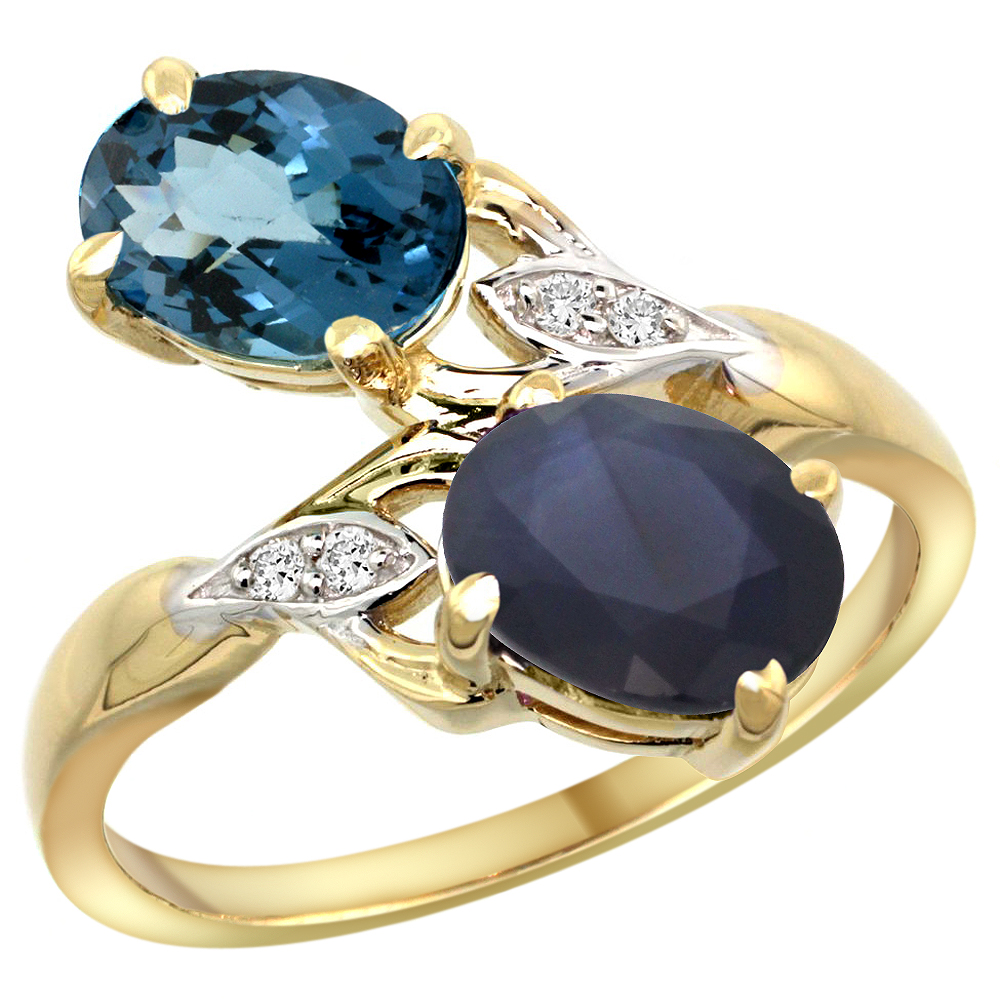 10K YELLOW GOLD DIAMOND NATURAL LONDON BLUE TOPAZ & AUSTRALIAN SAPPHIRE 2-STONE RING OVAL 8X6MM, SIZES 5 - 10