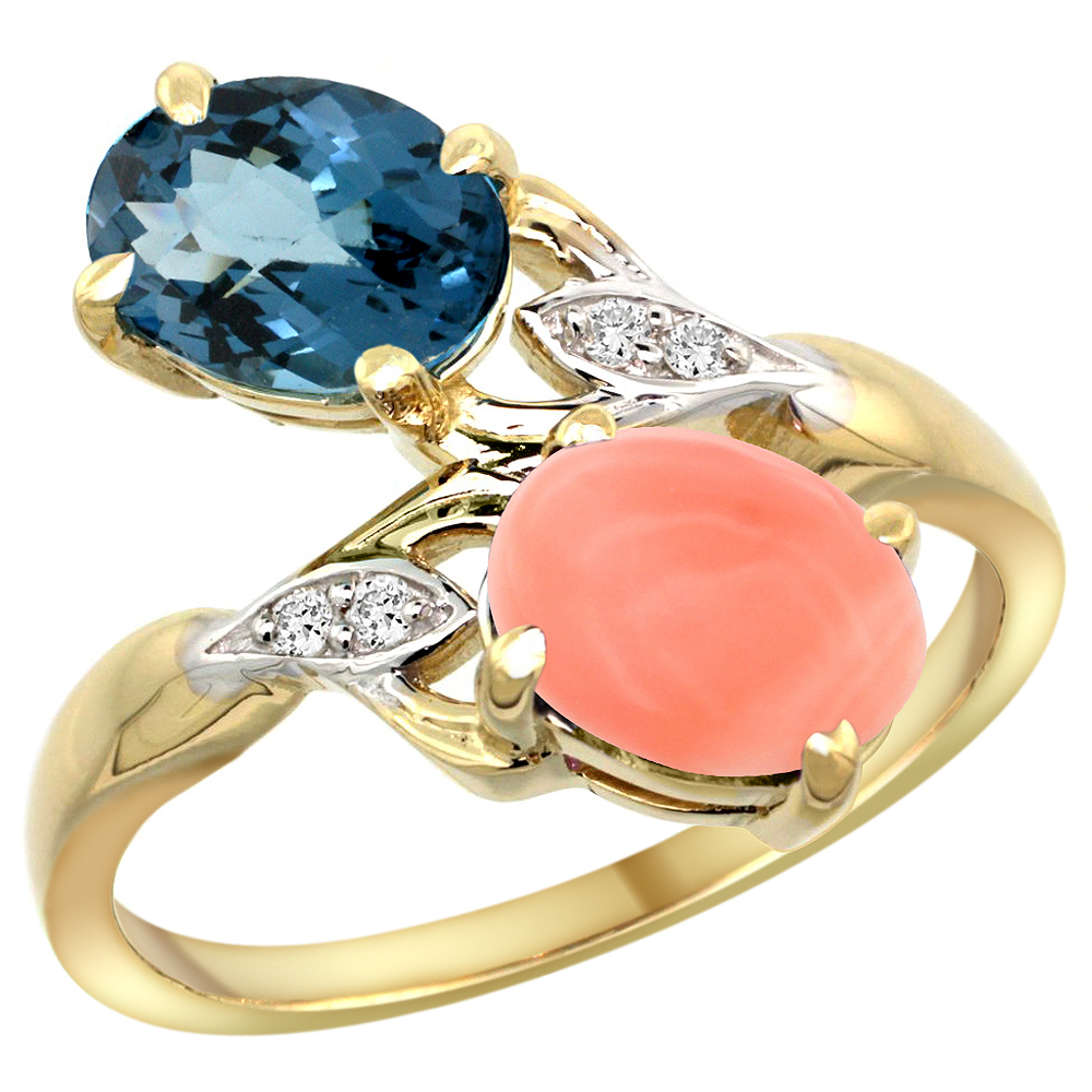 14k Yellow Gold Diamond Natural London Blue Topaz &amp; Coral 2-stone Ring Oval 8x6mm, sizes 5 - 10