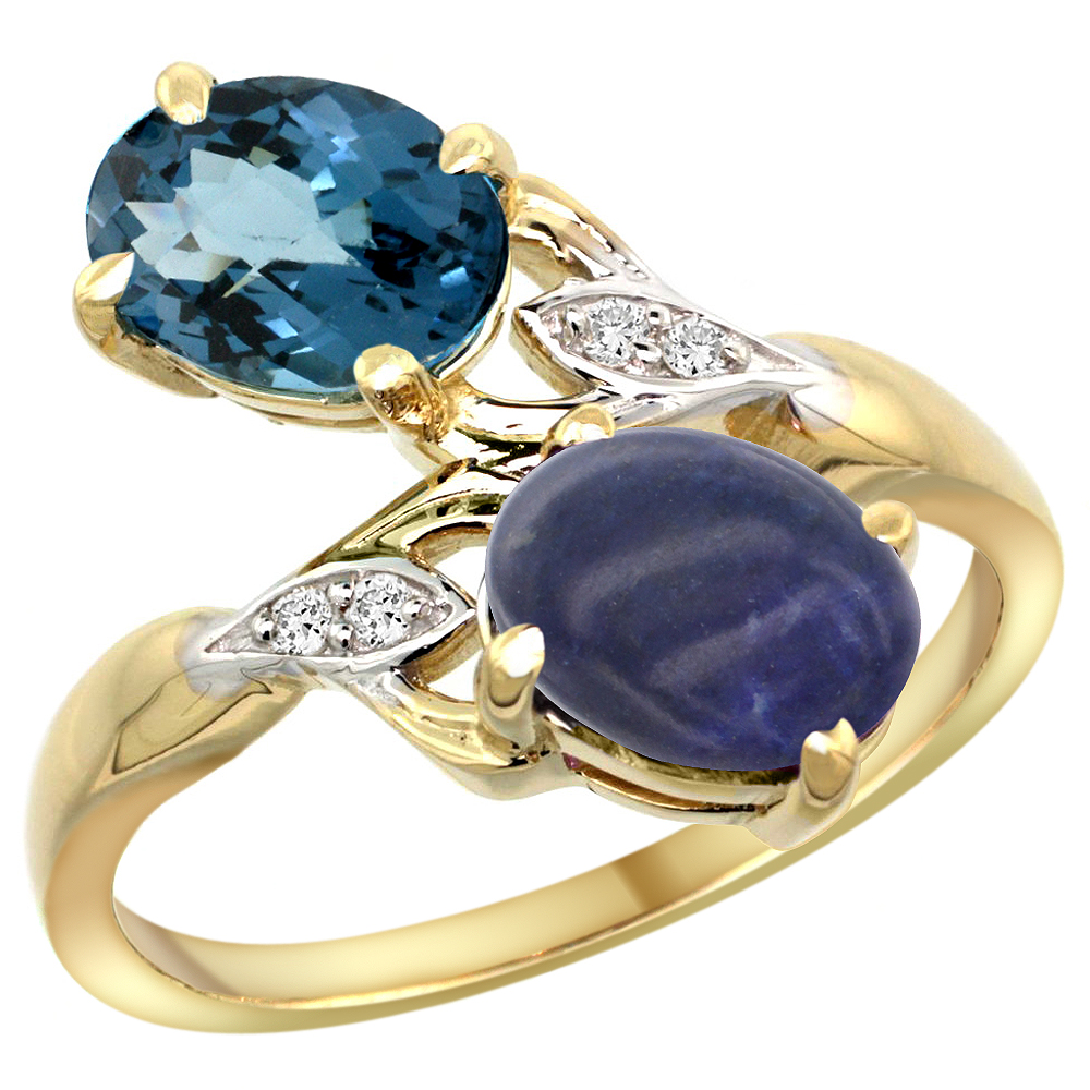 14k Yellow Gold Diamond Natural London Blue Topaz & Lapis 2-stone Ring Oval 8x6mm, sizes 5 - 10