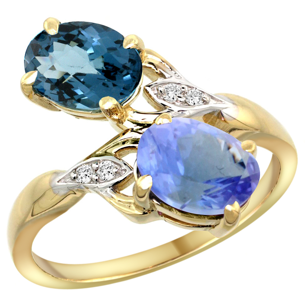 10K YELLOW GOLD DIAMOND NATURAL LONDON BLUE TOPAZ & TANZANITE 2-STONE RING OVAL 8X6MM, SIZES 5 - 10