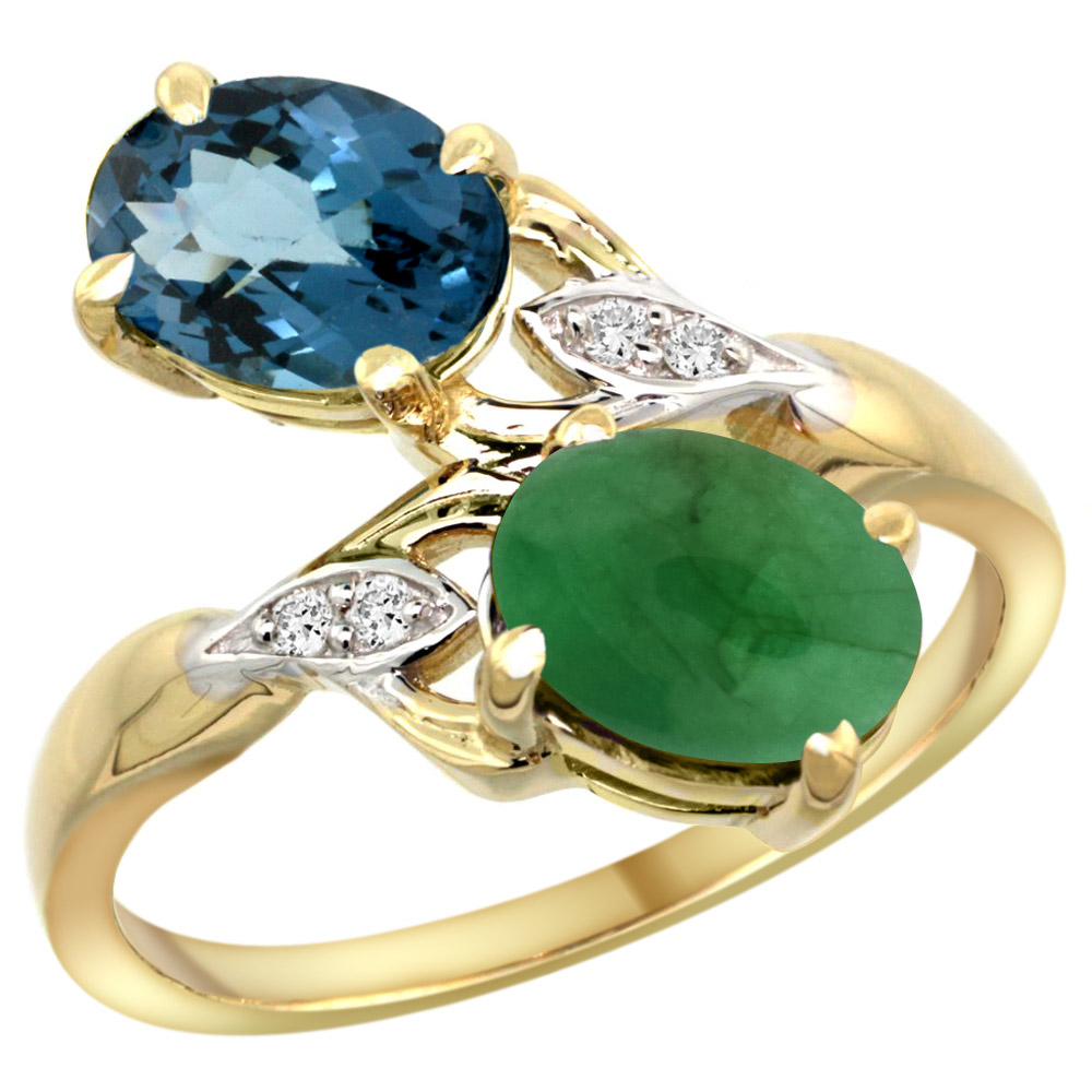 14k Yellow Gold Diamond Natural London Blue Topaz &amp; Cabochon Emerald 2-stone Ring Oval 8x6mm, sizes 5 - 10